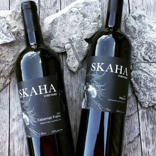 Two bottles of Skaha Vineyard Red White on fossils